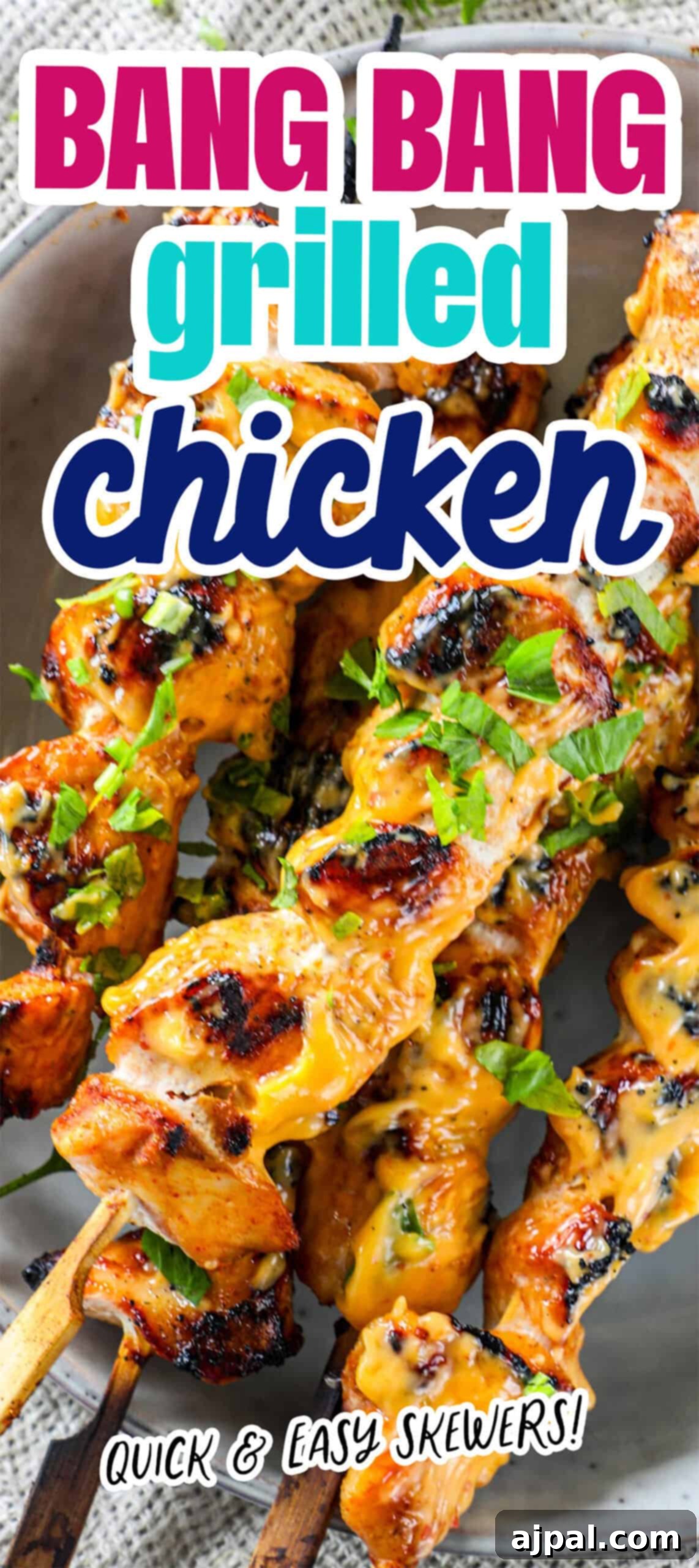 Spicy Grilled Chicken Skewers 7 A close-up of succulent grilled chicken skewers, beautifully garnished with fresh herbs, and featuring an overlay with the text "Bang Bang Grilled Chicken - Quick & Easy Skewers!" perfect for social sharing.