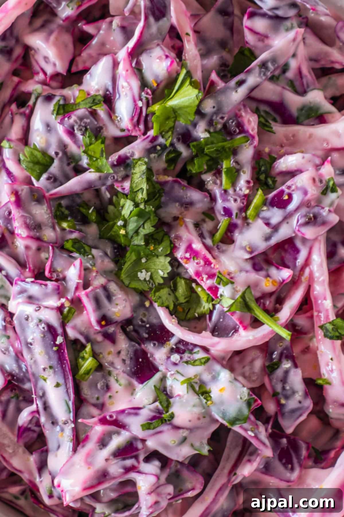 Simple Taco Slaw 3 Close-up of a creamy cabbage salad with chopped cilantro sprinkled on top. The salad features red and white cabbage with a dressing visible throughout.