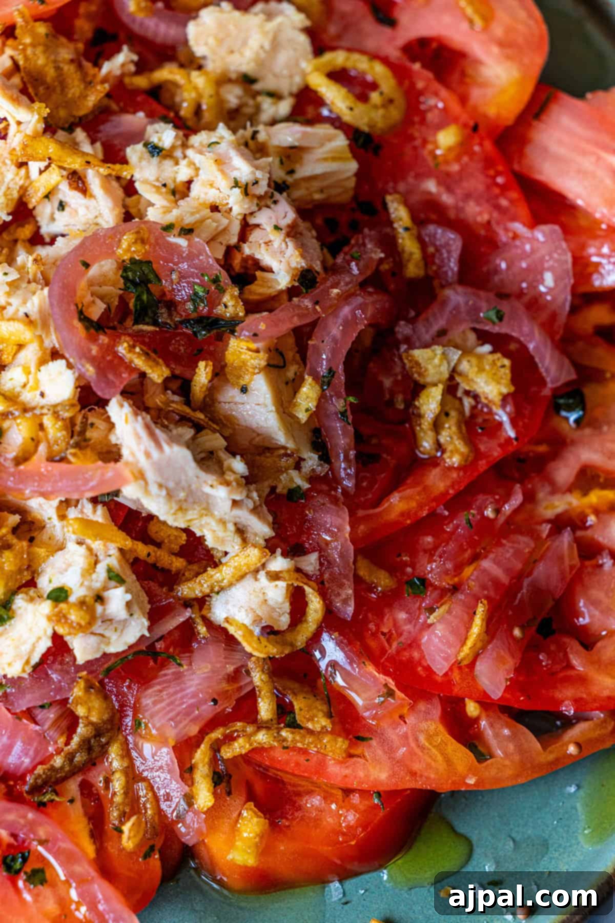 A close-up of a Spanish tuna and tomato salad, emphasizing the fresh, juicy tomatoes and flaky tuna.
