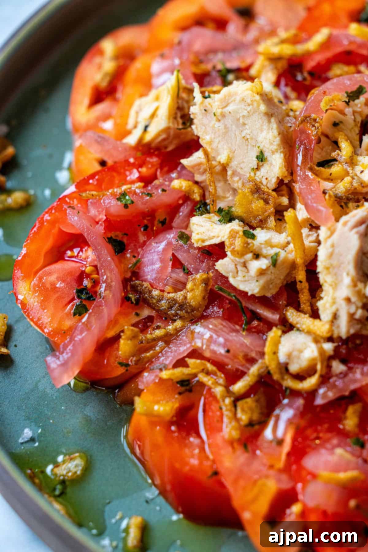 Zesty Tuna Tomato Bowl 17 A beautifully presented Spanish Tuna and Tomato Salad, garnished with fresh herbs, ready to be enjoyed.