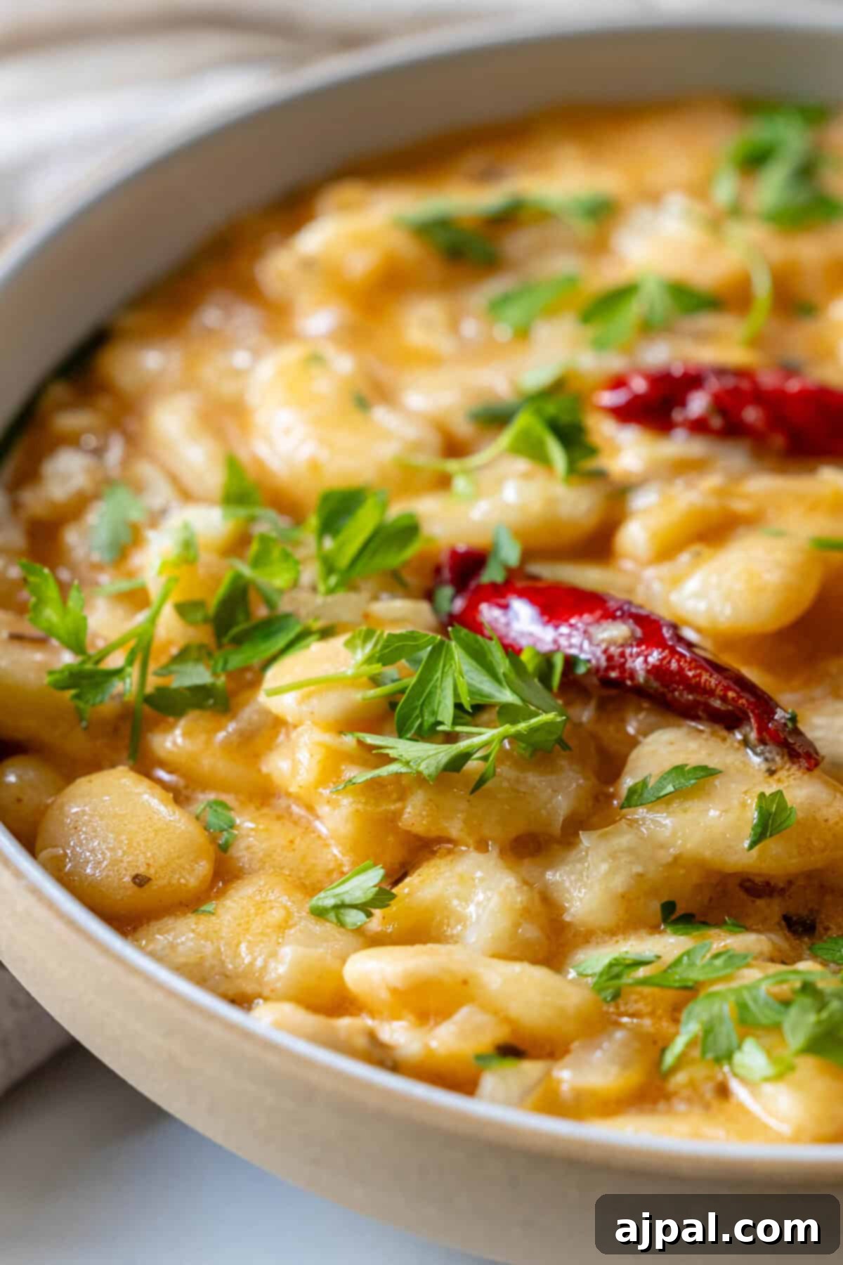 Velvety Garlic Butter Beans 4 A serving of creamy garlic butter beans, rich with sauce and visible chili flakes, ready to be enjoyed.