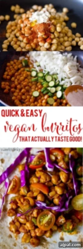 A close-up of seasoned chickpeas, fresh vegetables, and vibrant spices simmering in a pan, ready to be wrapped in a soft tortilla for a quick and easy vegan burrito.