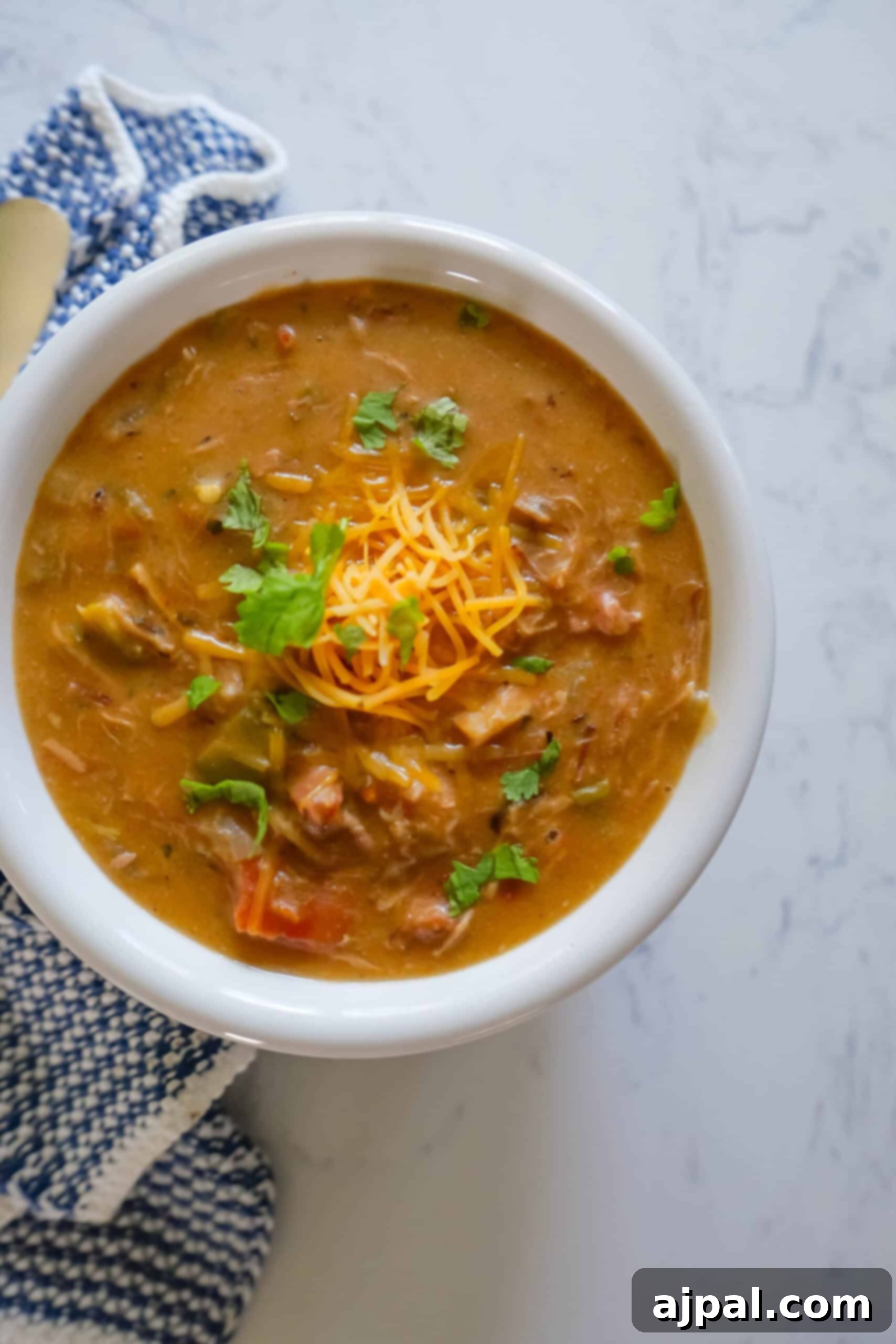 A bowl of thick Colorado Pork Green Chile with tender pork chunks, garnished with fresh cilantro and a dollop of sour cream.