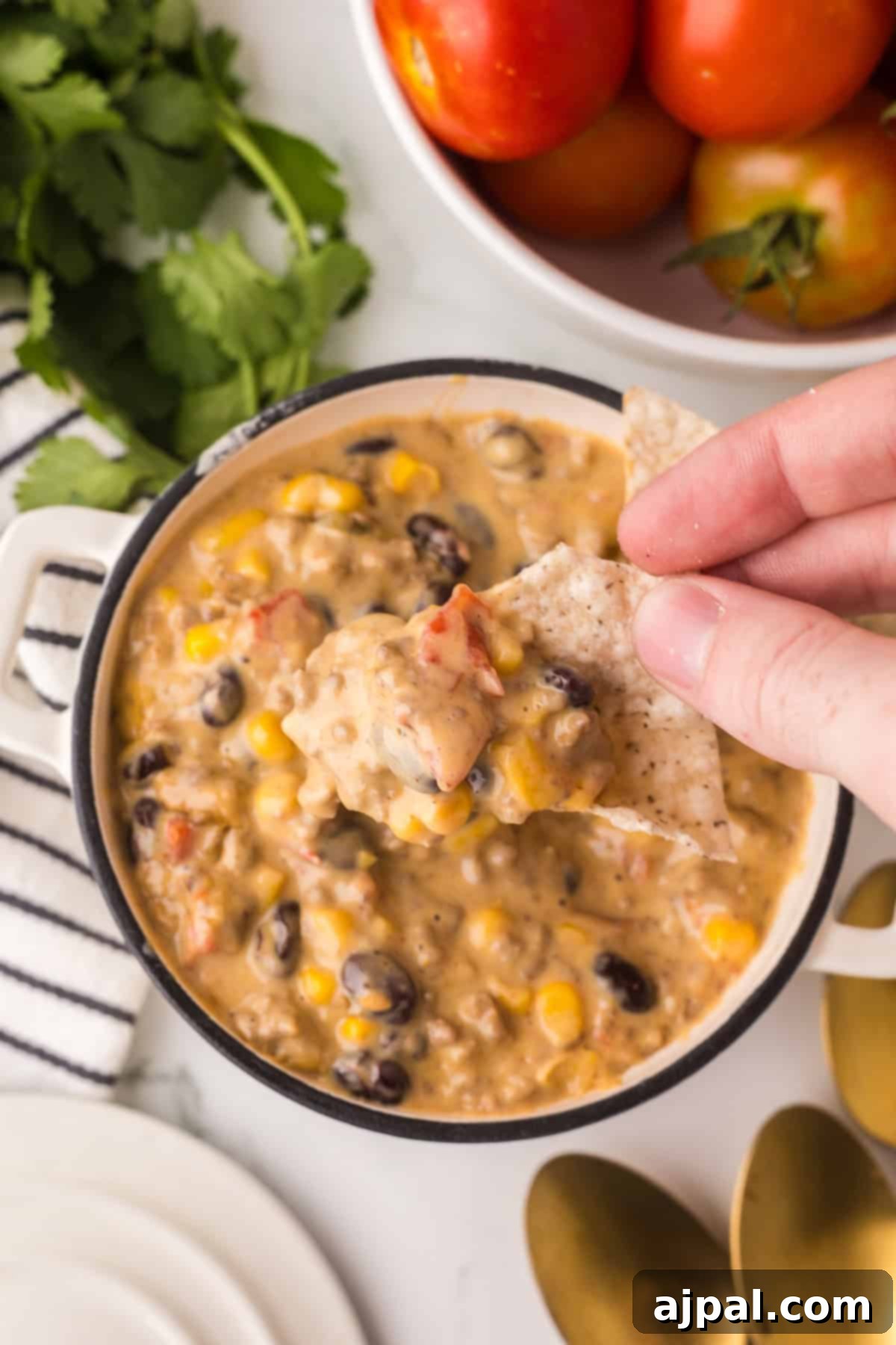 A bowl of creamy queso soup containing corn, beans, and tomatoes is held by a hand dipping a tortilla chip. Fresh tomatoes and herbs are visible in the background.