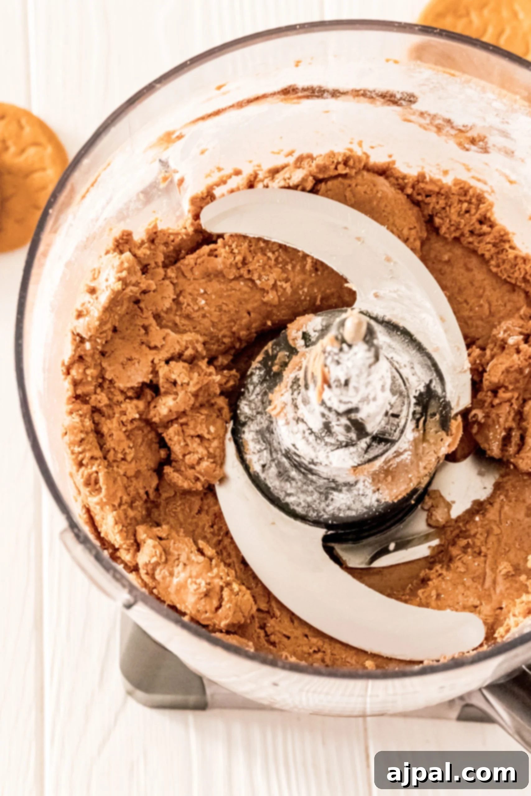 Gingerbread peanut butter cookie dough in a food processor.