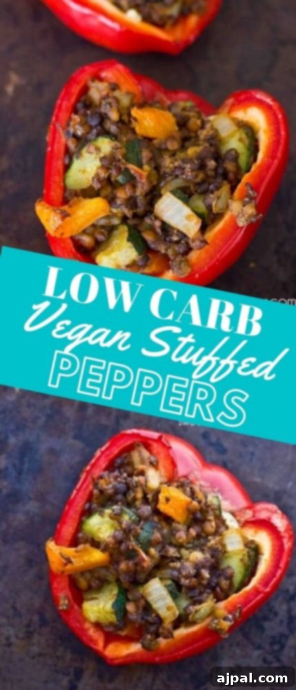 Flavor-Packed Vegan Lentil & Veggie Stuffed Peppers 4 Baked bell peppers filled with savory lentils and vegetables, perfect for a low-carb vegan meal.