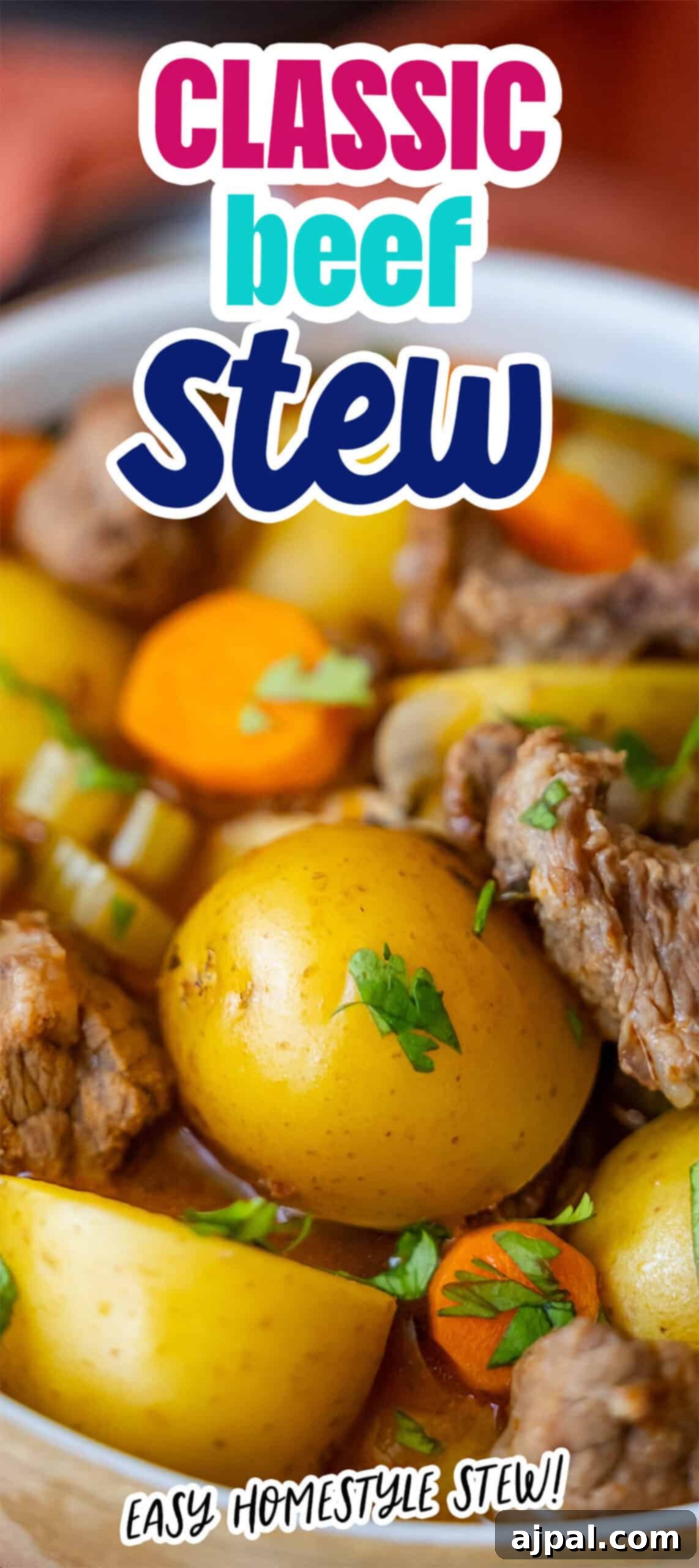 Simple Beef Stew 15 A bowl of beef stew with chunks of beef, potatoes, carrots, and garnished with herbs. Text reads "Classic Beef Stew" and "Easy Homestyle Stew! Savor the comforting flavors in this classic beef stew recipe!