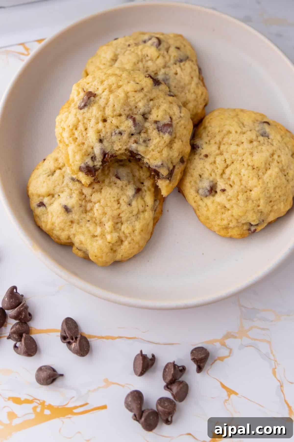 Next-Level Sourdough Discard Chocolate Chip Cookies 11 A white plate holds four sourdough chocolate chip cookies; one has a bite taken out. Scattered chocolate chips lie on the marble-like surface around the plate.