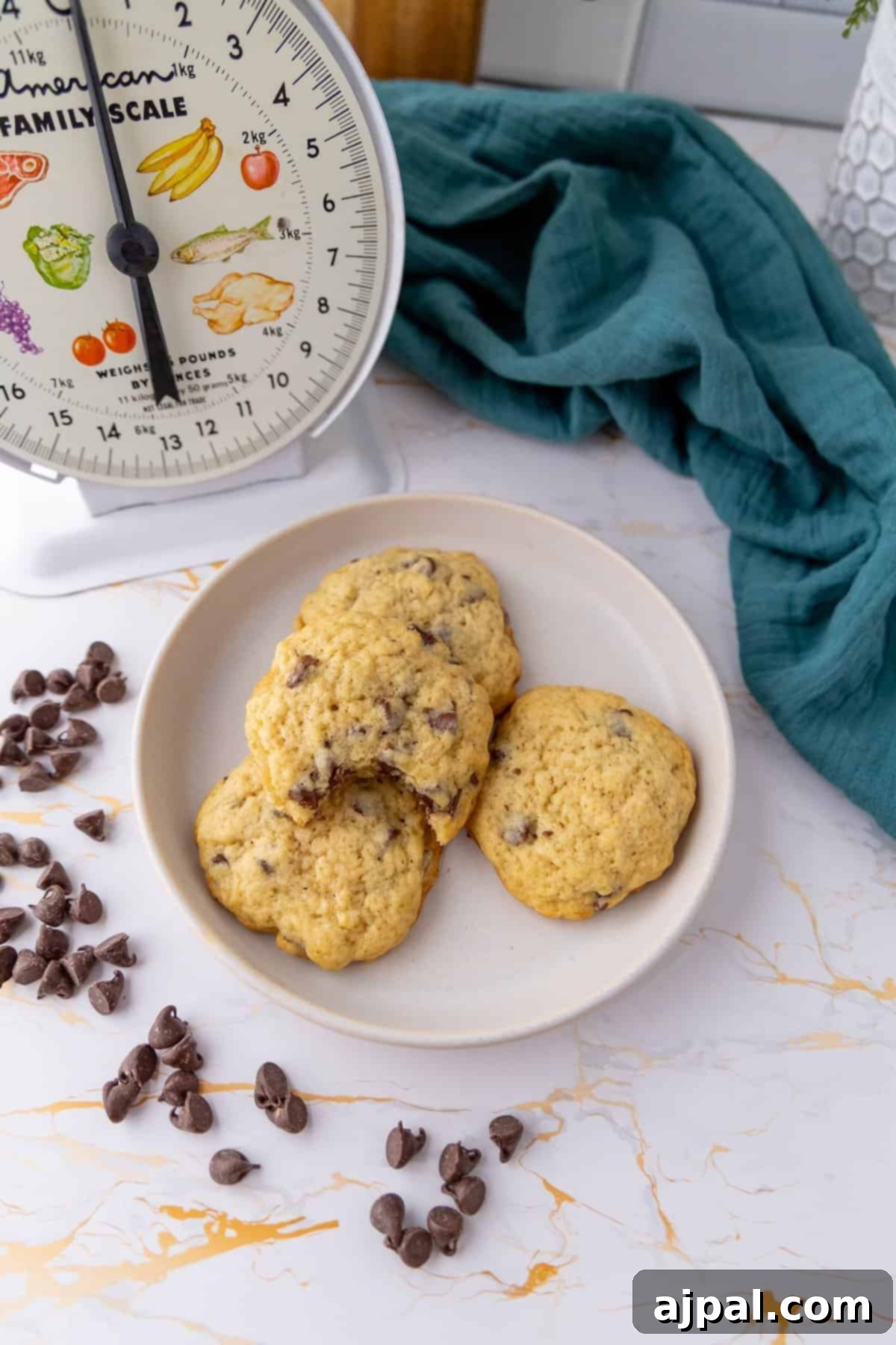 Next-Level Sourdough Discard Chocolate Chip Cookies 3 A plate of sourdough chocolate chip cookies is placed beside scattered chocolate chips and an old-fashioned scale on a marble countertop. A teal cloth is in the background.
