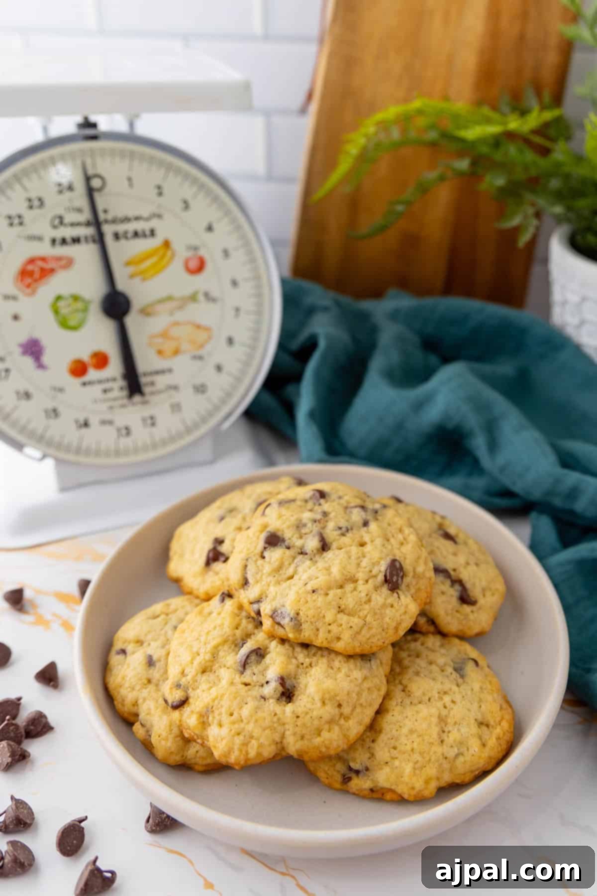 Next-Level Sourdough Discard Chocolate Chip Cookies 4 A plate of sourdough chocolate chip cookies on a marble countertop, with a vintage kitchen scale and a green cloth in the background. A plant in a white pot is also visible.