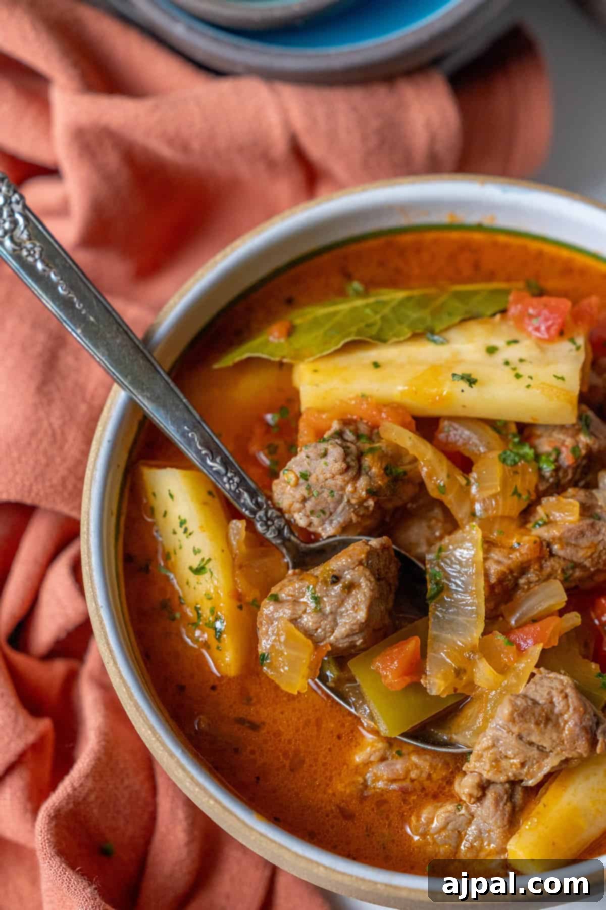 A bowl of rich beef stew, featuring tender pieces of meat, soft potatoes, parsnips, sweet onions, and crisp bell peppers, all simmered in a rich broth and garnished with fresh herbs. It sits invitingly next to a neatly folded orange cloth, ready to be enjoyed.