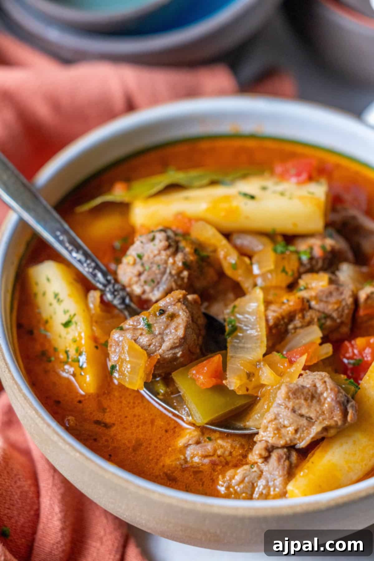 A hearty bowl of beef stew brimming with tender beef chunks, potatoes, tomatoes, and onions, elegantly garnished with fresh herbs and a hint of parsnip. A spoon rests invitingly within the bowl, signaling a comforting meal.
