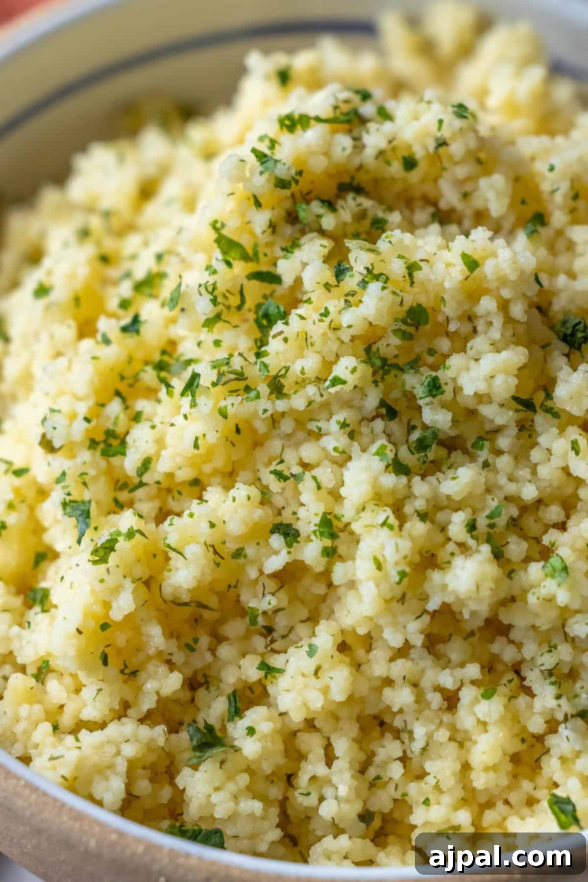 Authentic Couscous Delights 11 A close-up of a bowl filled with fluffy Cous Cous, a staple in cooking, garnished with chopped herbs.