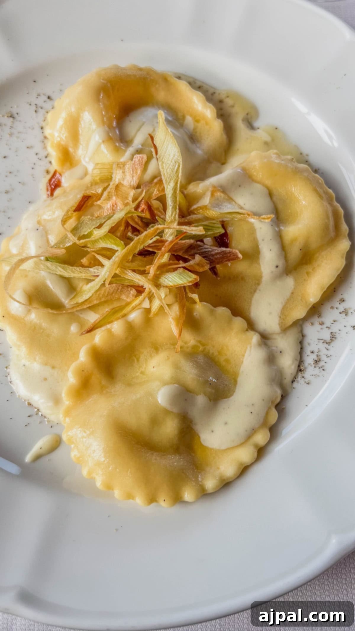 Bolzano's Magical Christmas Market 20 A plate of ravioli topped with creamy sauce and crispy fried onions, reminiscent of a festive Market treat in Bolzano, rests invitingly on a white dish.