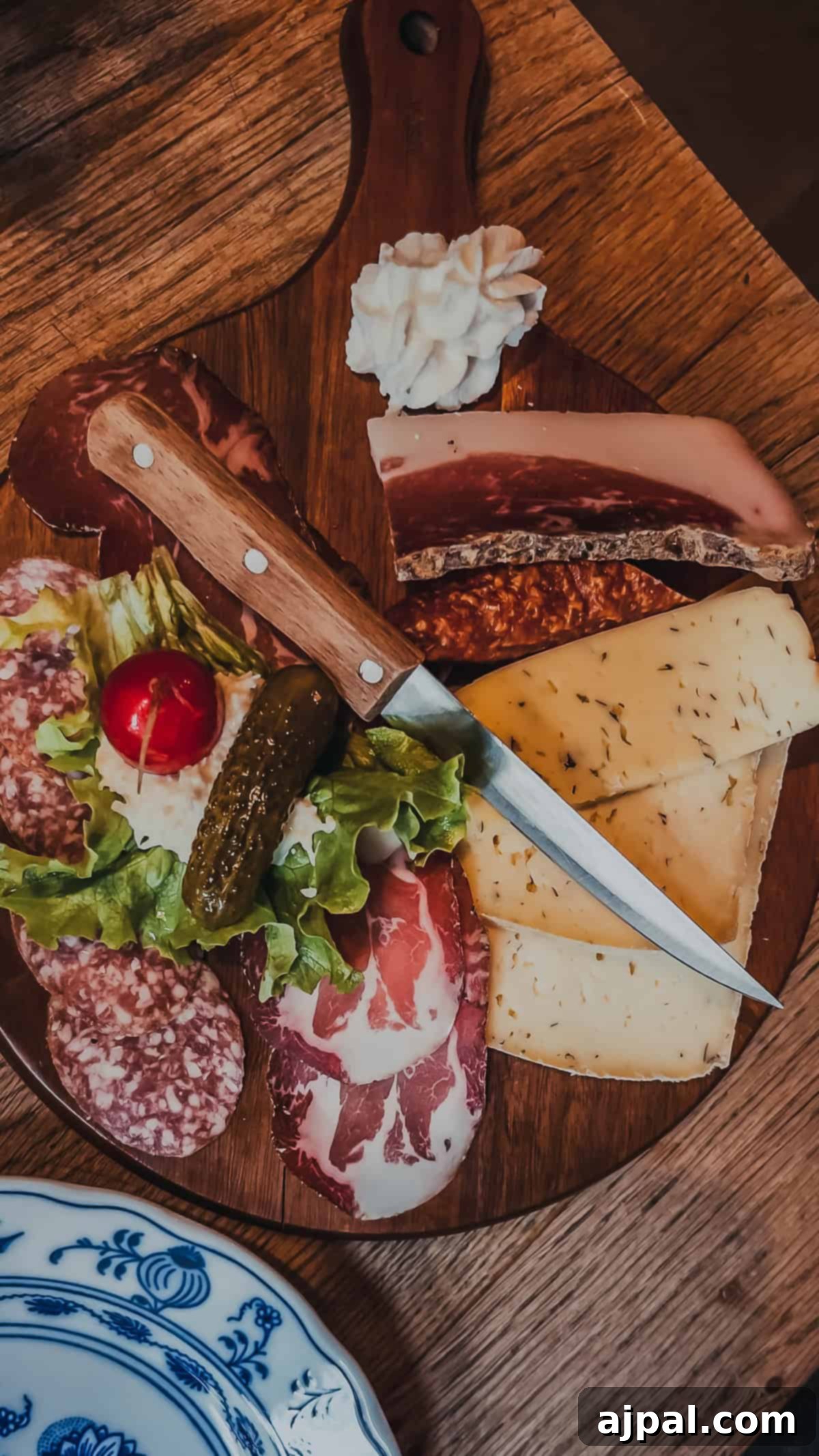Bolzano's Magical Christmas Market 10 A wooden board at the Bolzano market, adorned with assorted meats, cheeses, lettuce, a pickle, a cherry tomato, and a dollop of cream, invites indulgence. A perfect festive delight to savor with a knife in hand during the Christmas season.