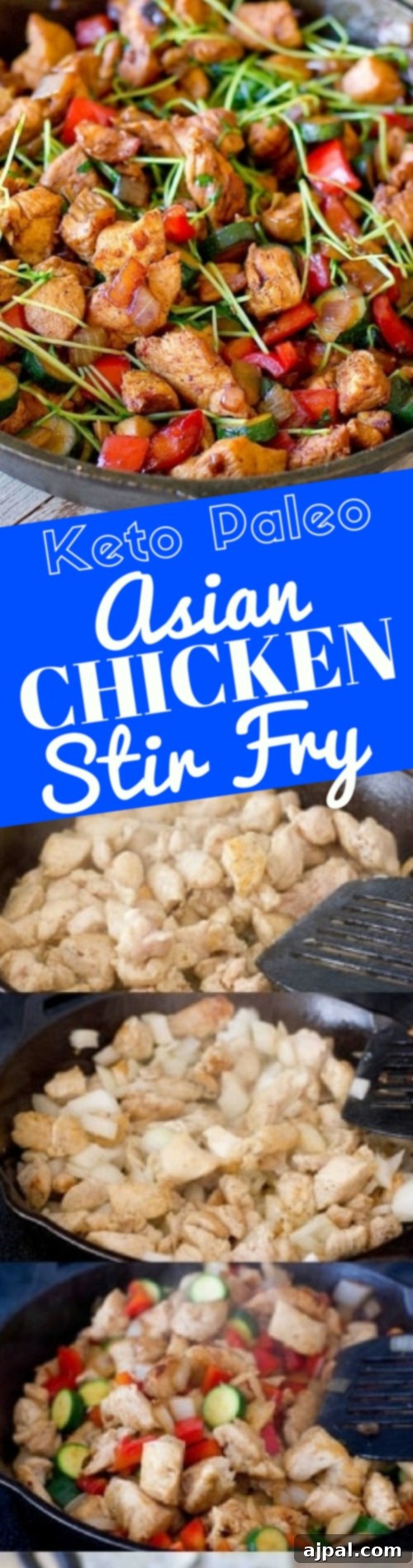 Paleo Asian chicken stir fry, soy sauce free recipe, being cooked in a pan with a blue background.