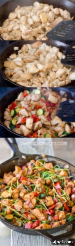 Gluten-free Paleo Asian chicken stir fry cooked in a skillet with vegetables, ready in under 15 minutes for a healthy, filling meal.