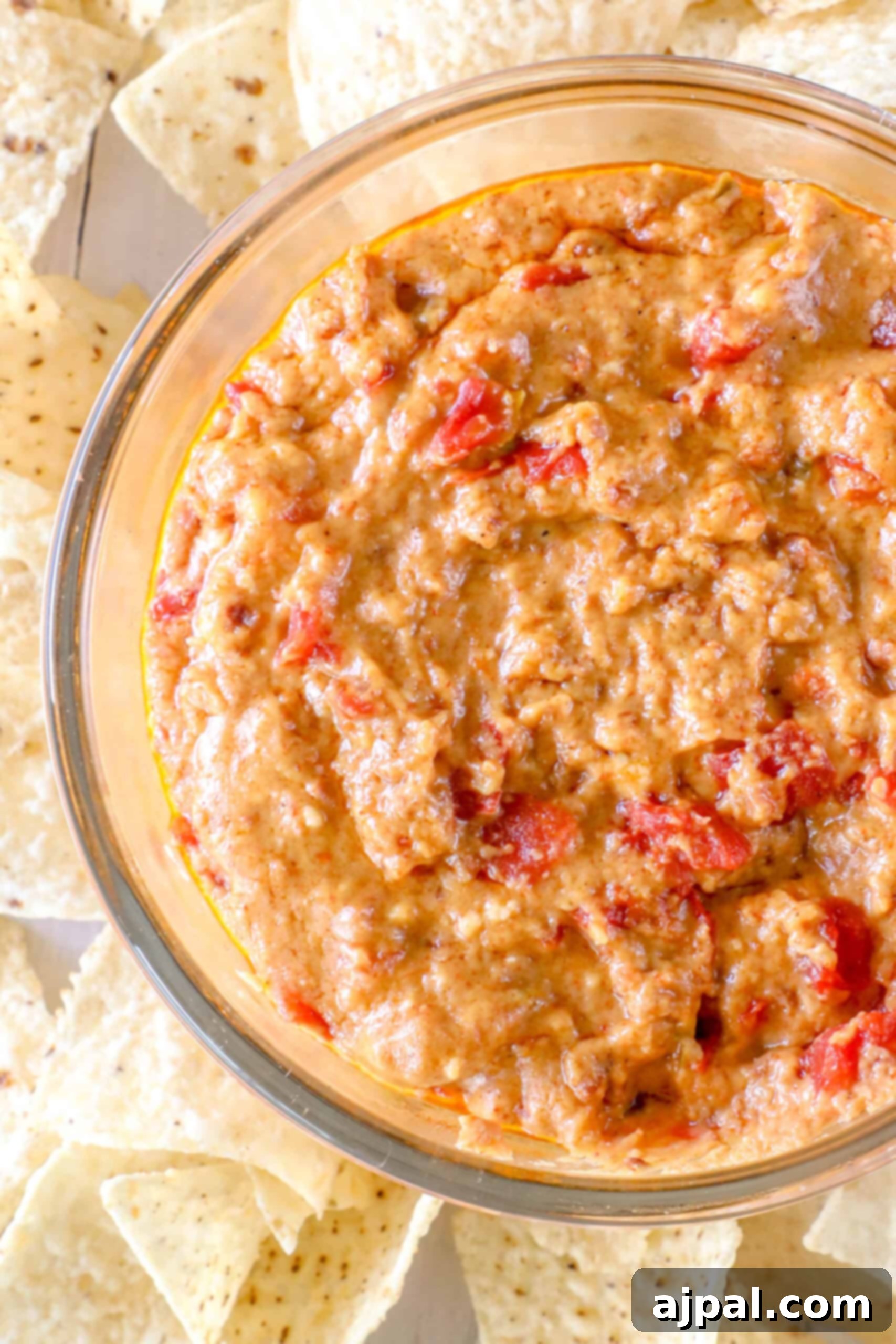 Decadent Smoked Chorizo Queso 2 A bowl of creamy, chunky smoked chorizo queso dip with red and brown tones, surrounded by tortilla chips.