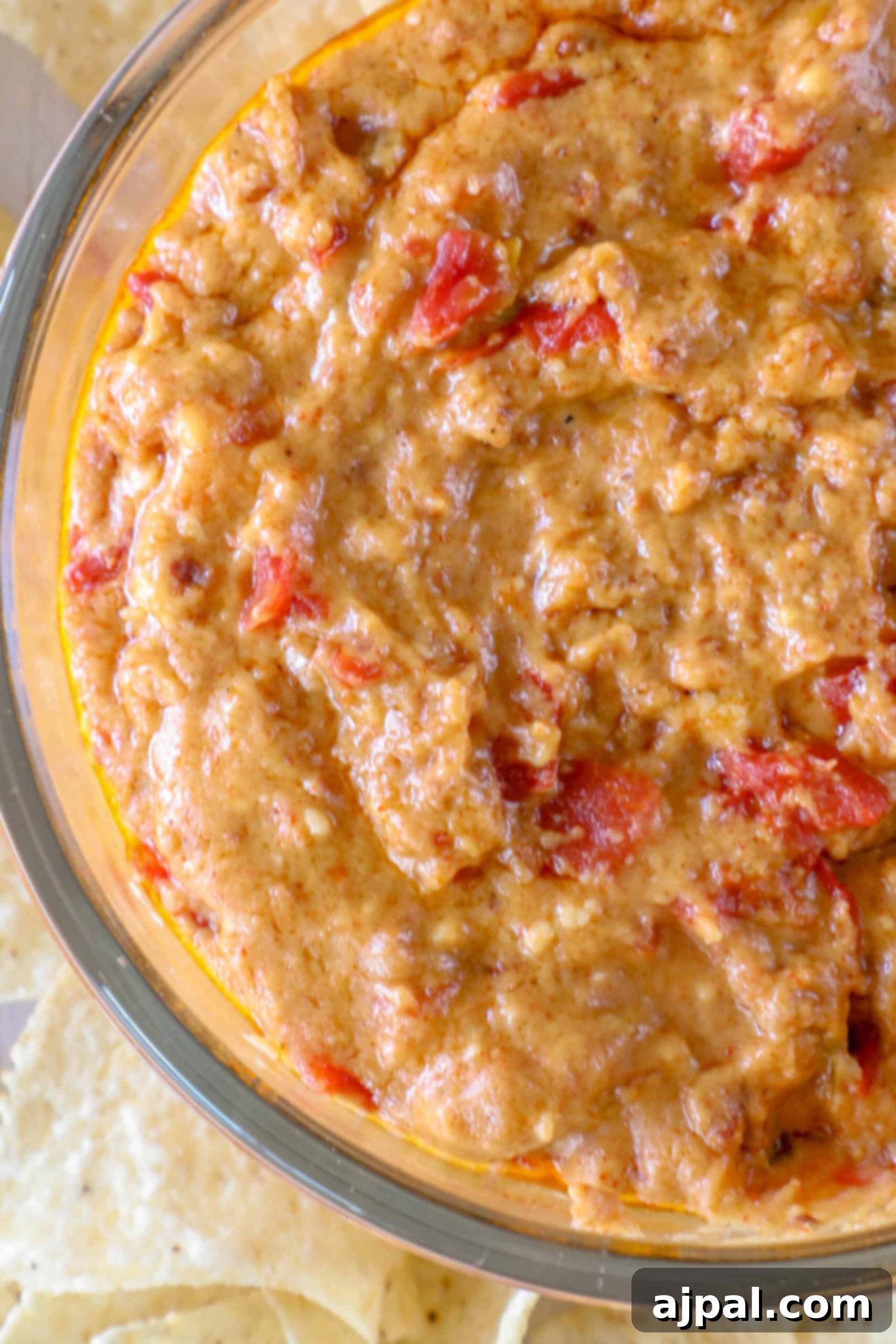 Decadent Smoked Chorizo Queso 6 Close-up of a bowl of chunky dip with visible red tomato pieces, rich smoked chorizo, and a creamy queso texture.