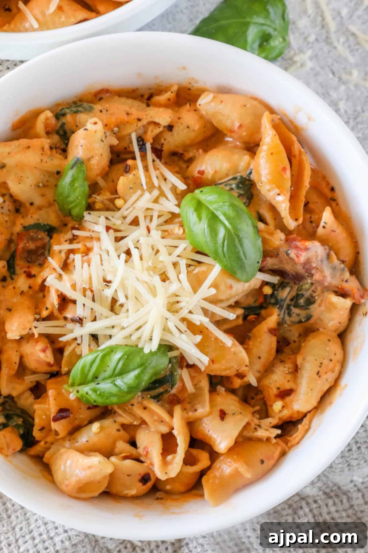A inviting bowl of creamy pasta with rich tomato sauce, beautifully topped with freshly shredded cheese and aromatic basil leaves.
