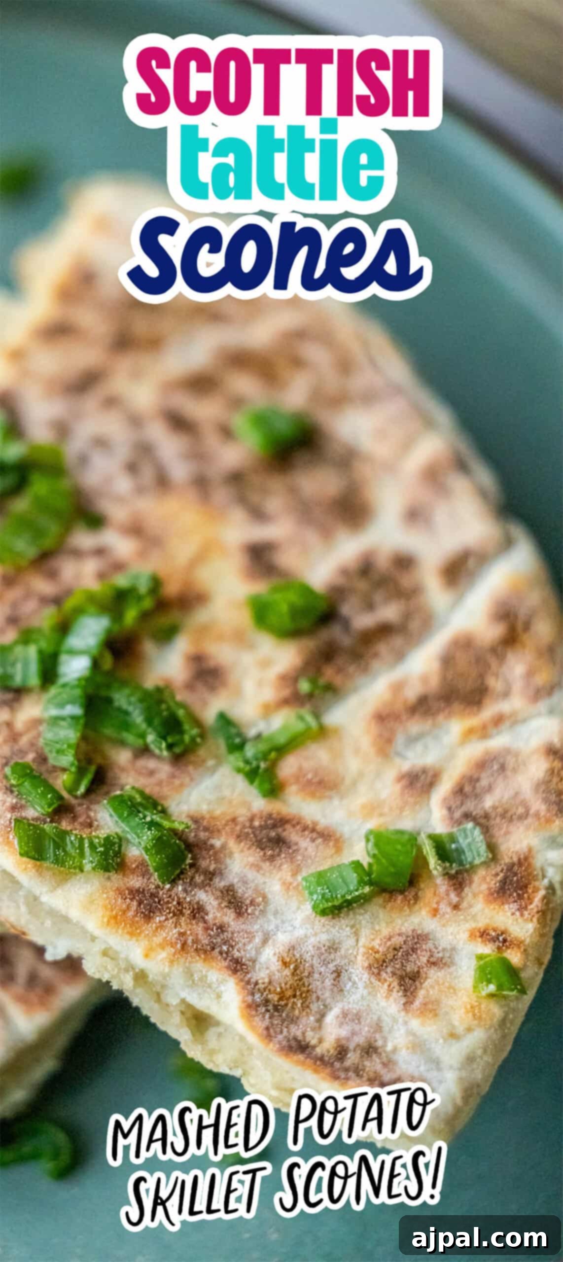 Classic Scottish Tattie Scones 14 A close-up of authentic Scottish tattie scones adorned with chopped green onions on a plate. Text overlay reads: "Traditional Tattie Scones" and "Mashed Potato Skillet Scones!