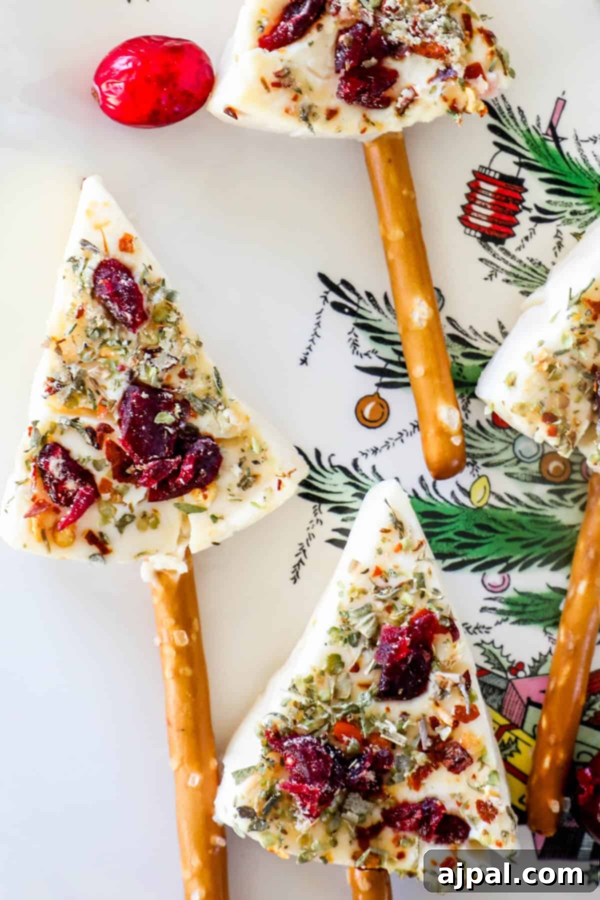 Festive Cheese Tree Bites 5 Festive treats: triangular white chocolate pieces with cranberries and herbs, arranged like Christmas tree cheese wedges on pretzel sticks, resembling tiny Christmas trees, all elegantly placed on a decorated plate.