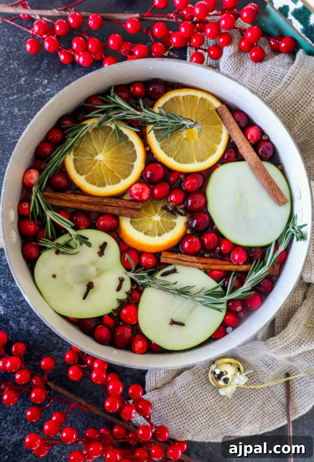 A pot of simmering Christmas potpourri, filled with orange slices, apple slices, cranberries, rosemary, cinnamon sticks, and cloves, surrounded by decorative red berries, exuding a comforting holiday aroma.