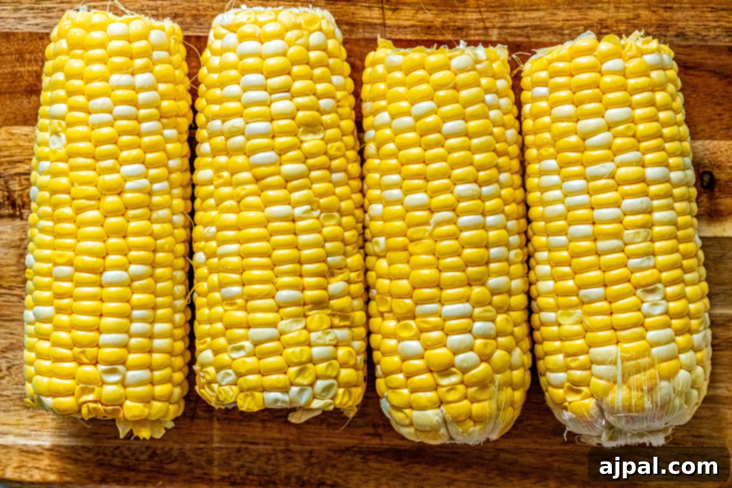 The best grilled corn on the cob recipe displayed with four ears of corn sitting on a wooden cutting board.