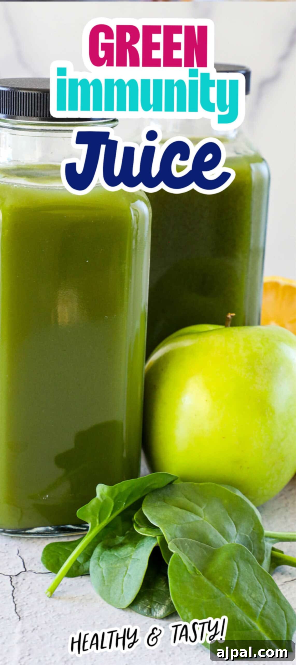 Green Shield Elixir 6 Two bottles of vibrant green immunity juice are displayed next to a crisp green apple and fresh spinach leaves, with text overlay indicating "Green Immunity Juice" and "Healthy & Tasty!" at the bottom.