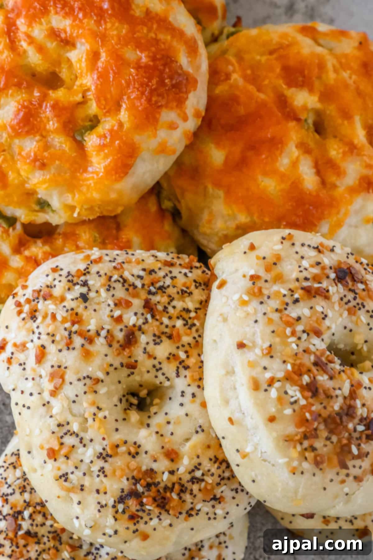 Assorted homemade sourdough discard bagels with toppings, including everything seasoning and melted cheese, stacked on a gray surface, ready to eat.