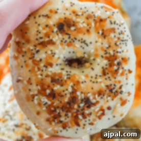 A close-up of a hand holding an everything bagel, crafted from sourdough discard, topped with sesame seeds, poppy seeds, dried onion, and garlic.