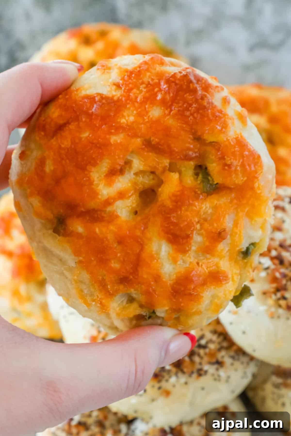 A hand holding a cheese-covered sourdough discard bagel with visible herbs. Other similar bagels are stacked in the background on a textured surface.