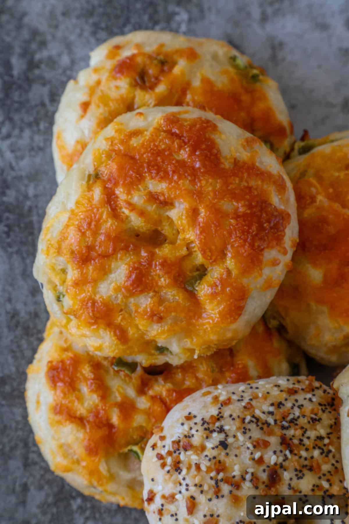 Close-up of freshly baked sourdough discard bagels topped with melted cheese and one with seeds, resting on a textured gray surface.
