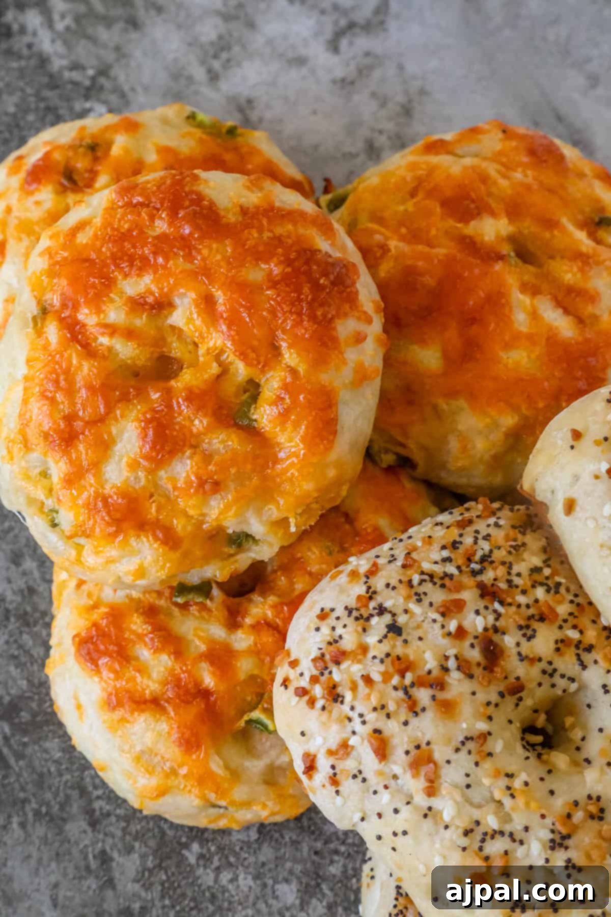 Two cheddar jalapeño bagels and one poppy seed bagel, all perfectly baked and golden, arranged on a textured gray surface.