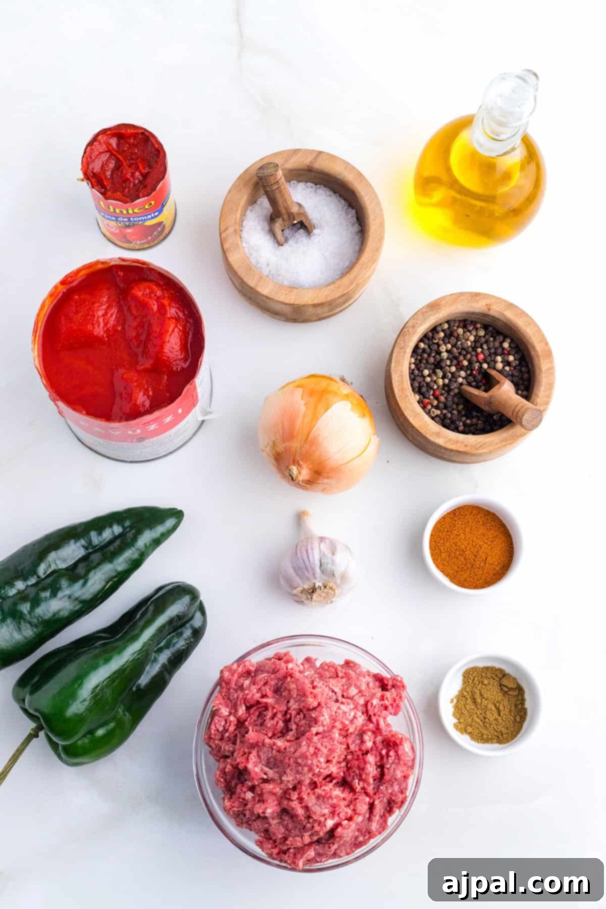 Ingredients including ground meat, poblano chili peppers, tomato paste, onion, garlic, salt, pepper, oil, and spices neatly arranged on a white surface.