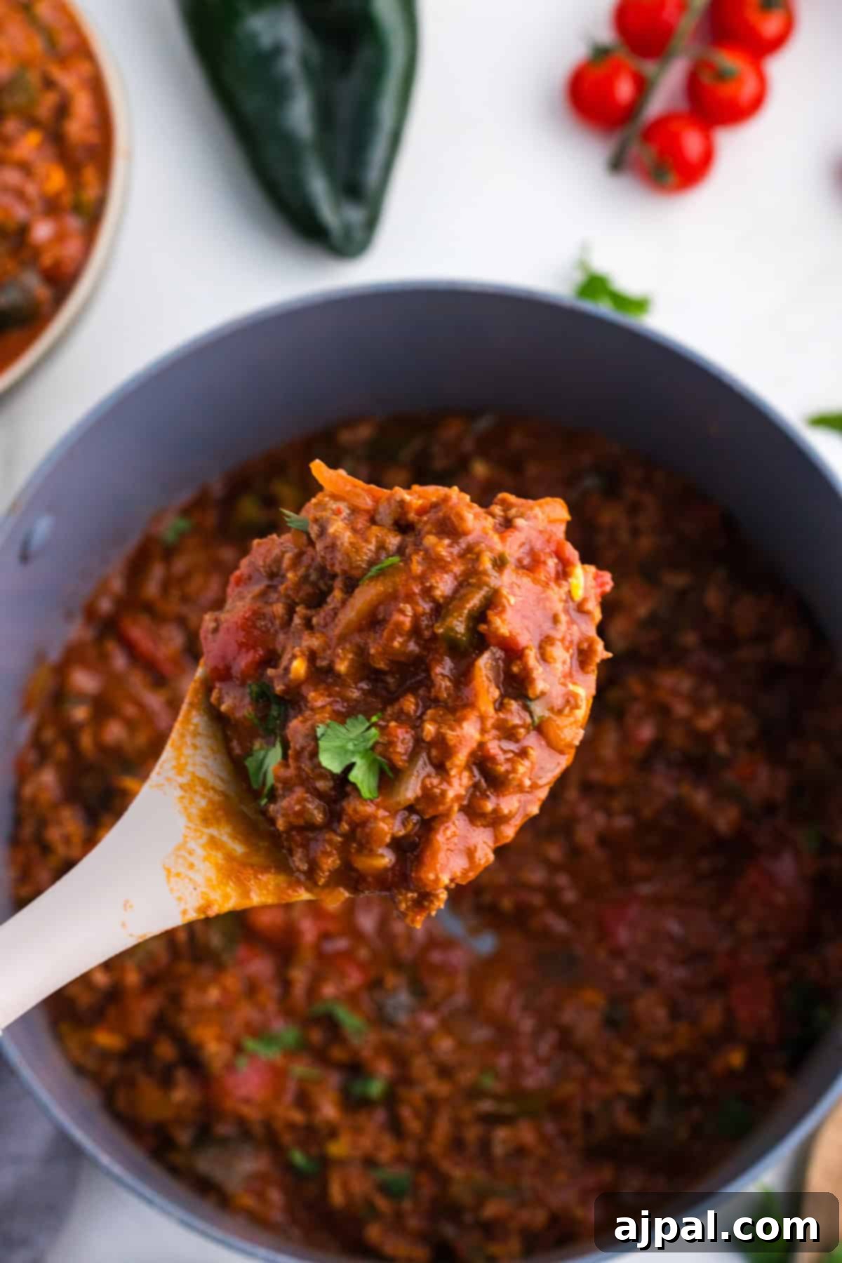 Close-up of a spoon lifting a portion of rich, red poblano chili with beans, tomatoes, and herbs from a pot. The background features fresh poblano peppers and cherry tomatoes.