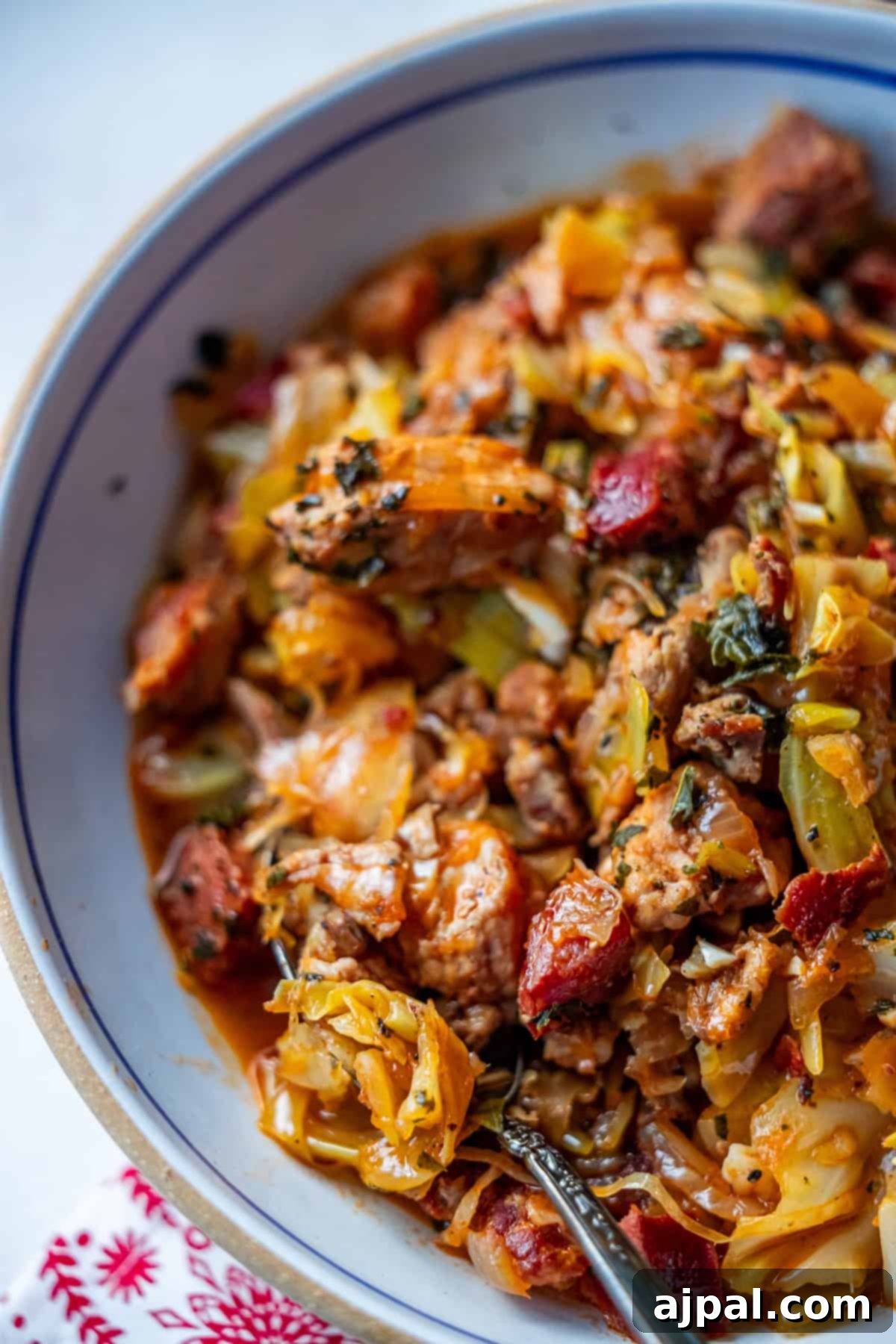 A bowl of hearty Polish Bigos, also known as Hunter's Stew, filled with sausage pieces, herbs, and diced vegetables, with a spoon ready to dive into the dish.