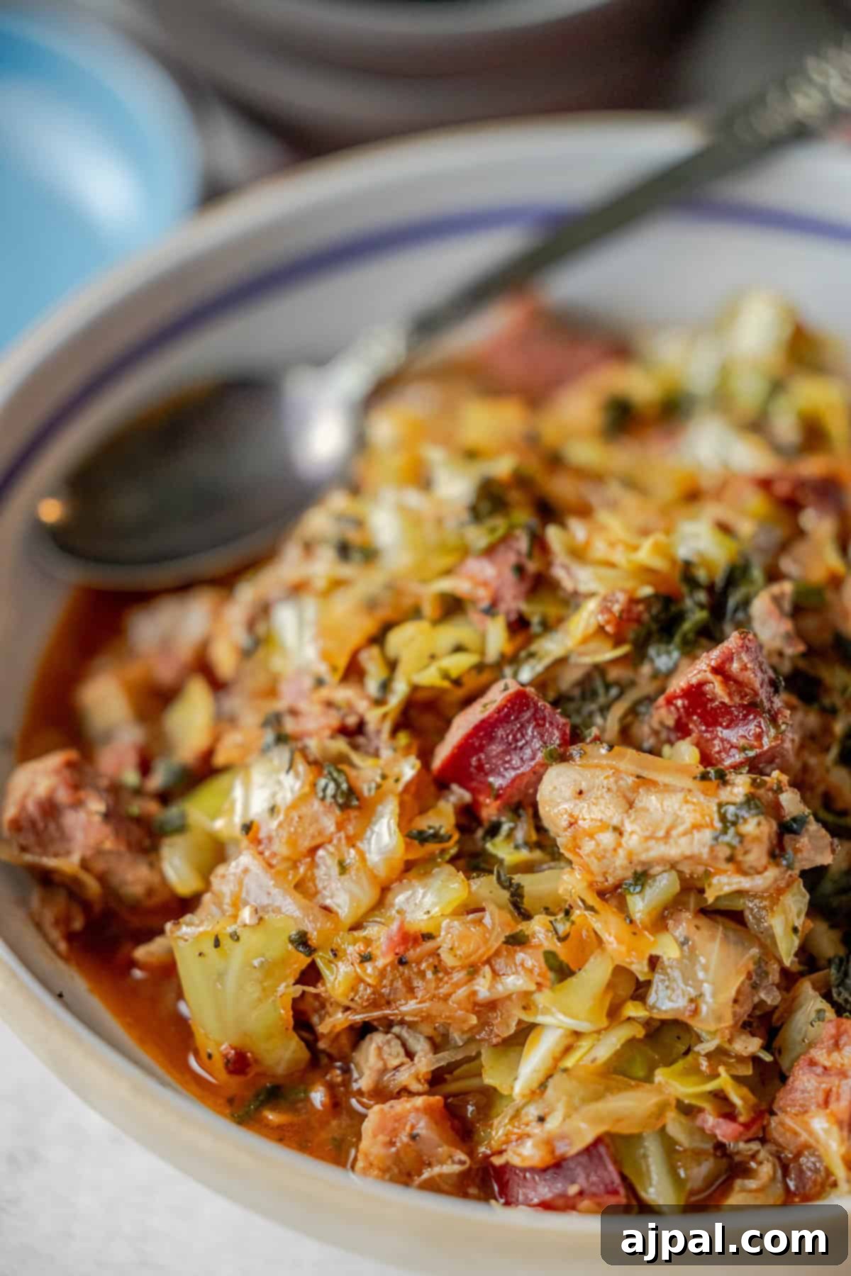 A hearty bowl of Bigos, a traditional Polish stew, overflowing with tender meat, cabbage, and savory herbs, accompanied by a spoon.