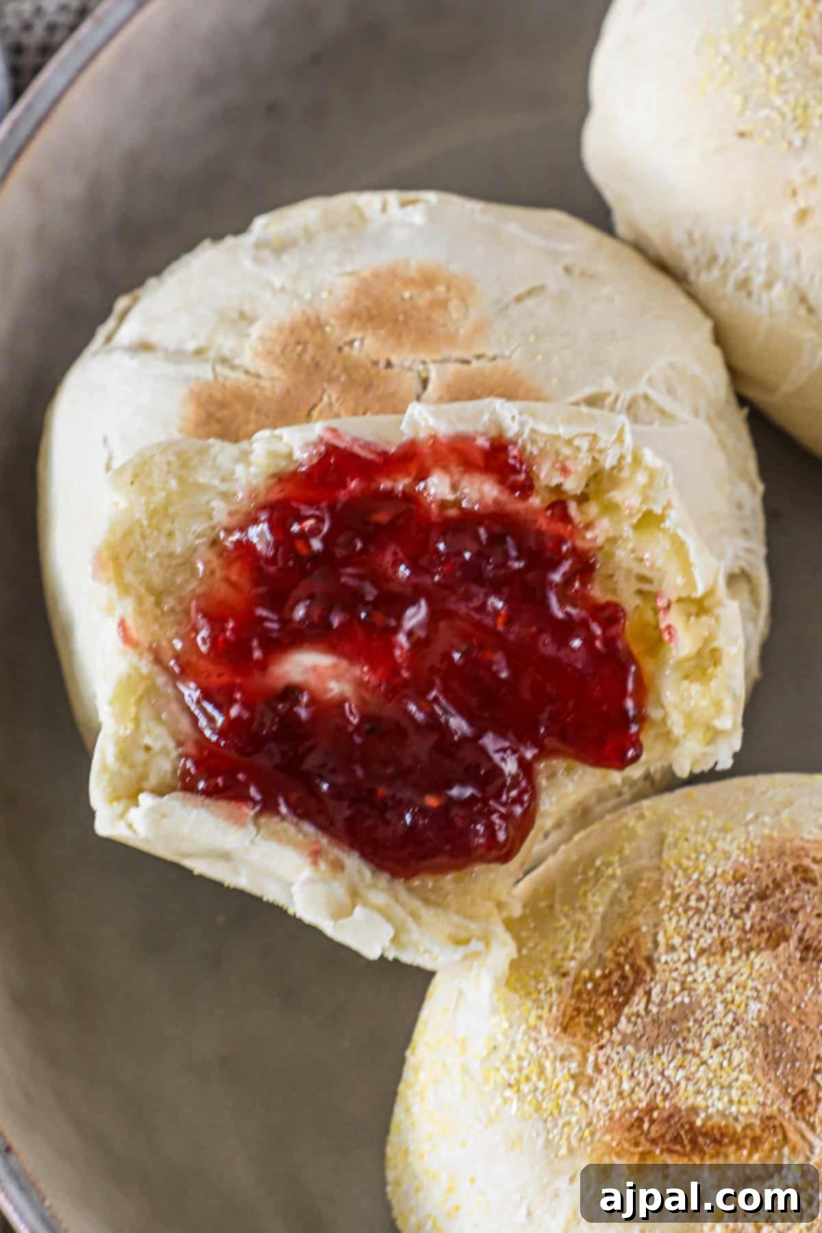 English muffin with jam filling, partially torn open, on a plate.