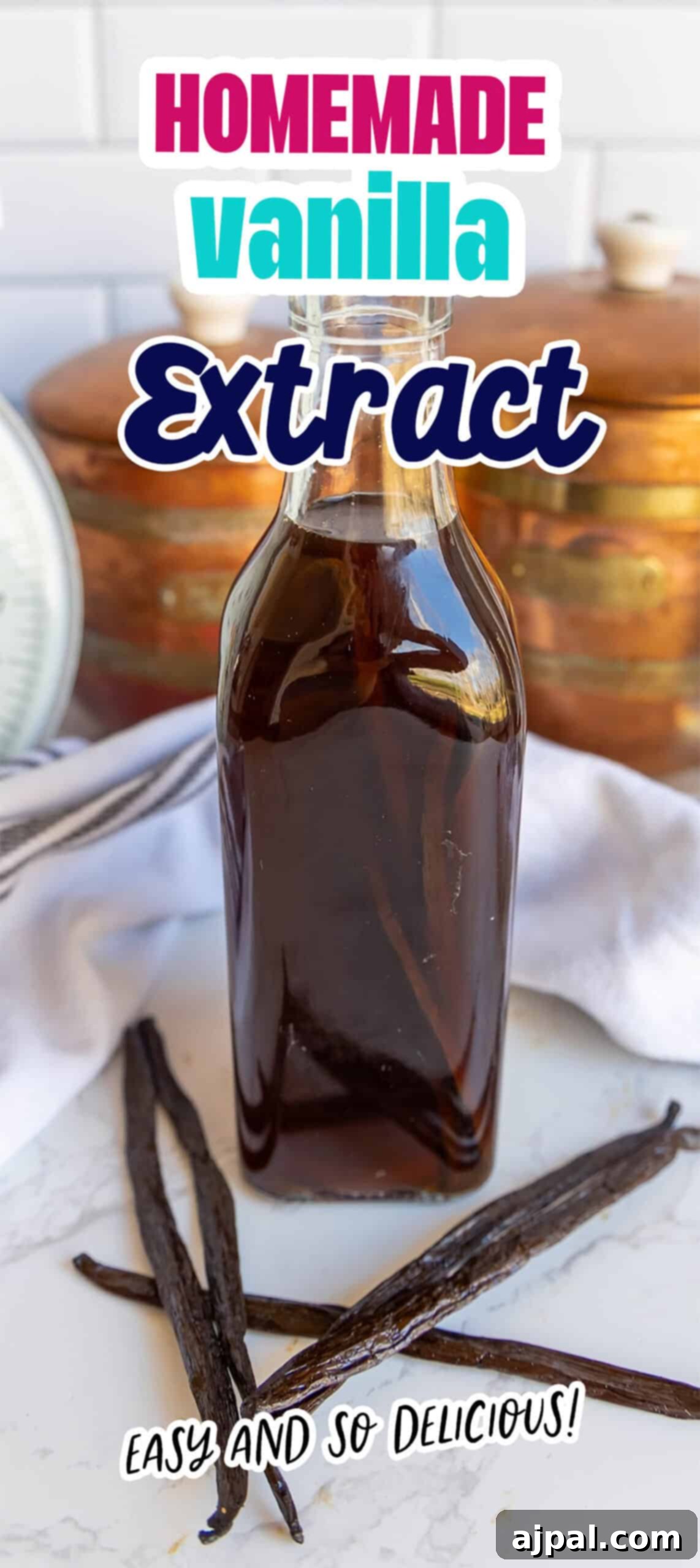 A bottle of homemade vanilla extract with vanilla beans. Text reads: "Homemade Vanilla Extract. Easy and So Delicious!.