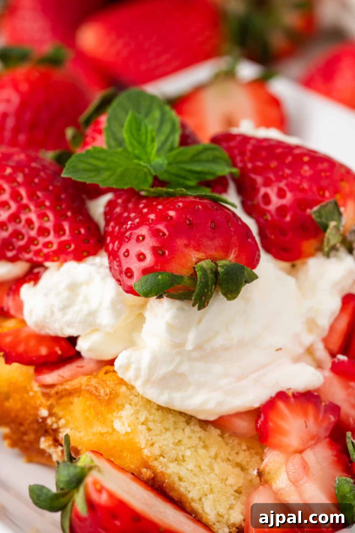 Summer Berry Shortcake 2 A delectable close-up of strawberry shortcake featuring layers of moist cake; it is beautifully adorned with fluffy whipped cream, fresh strawberries, and a sprig of mint.
