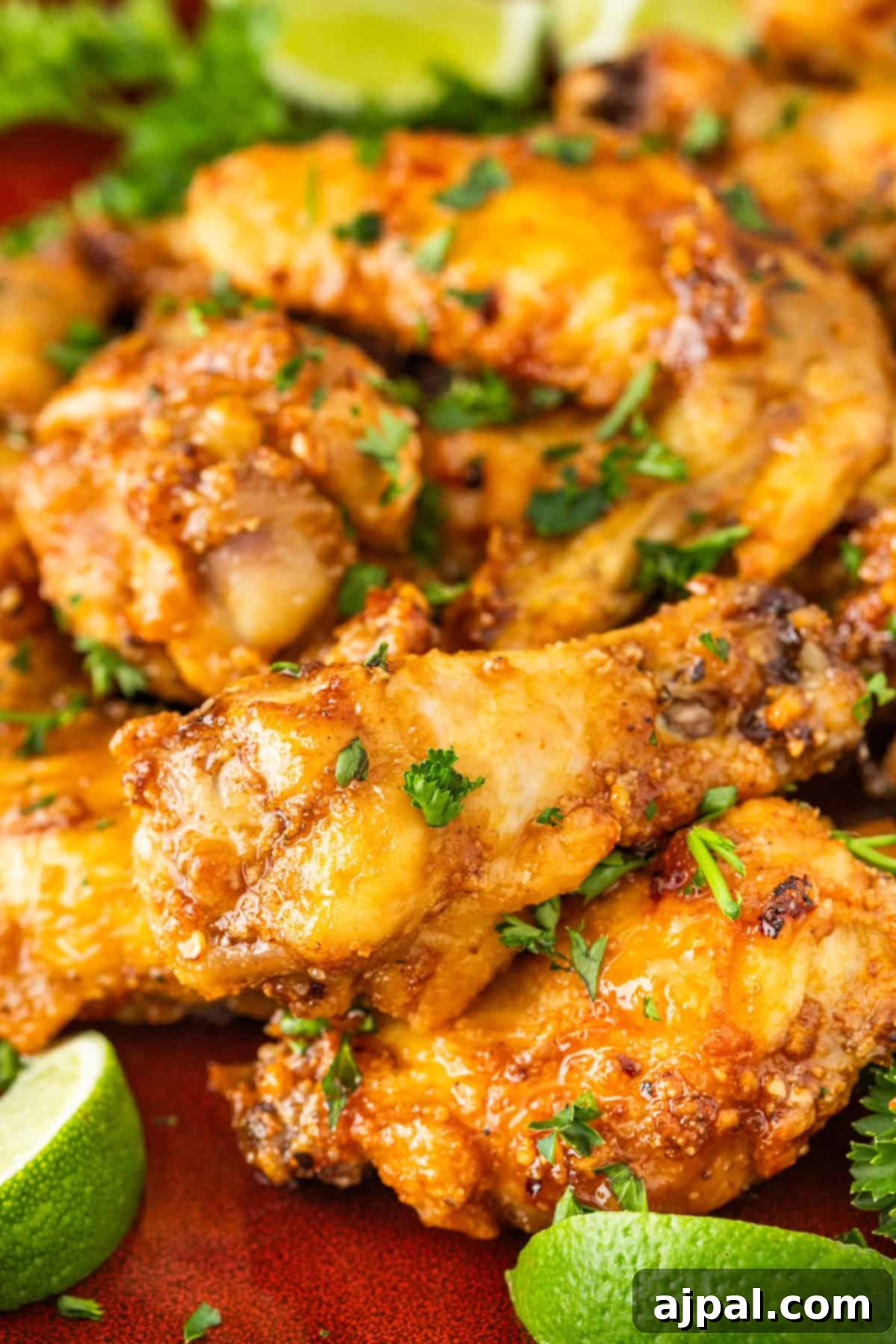 A close-up of crispy, golden honey-glazed chicken wings garnished with chopped herbs and surrounded by lime wedges on a red plate.