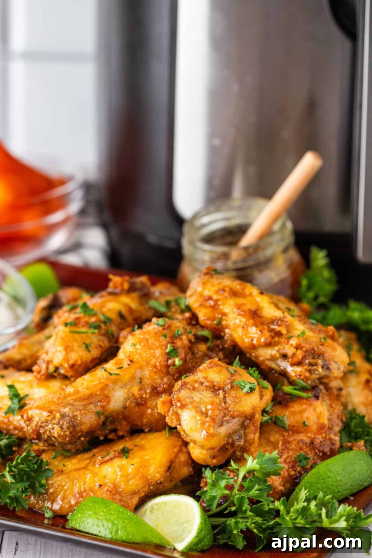 A plate of honey garlic wings glazed to perfection and garnished with parsley is served with lime wedges. A glass jar with a wooden spoon sits in the background, adding a rustic touch.