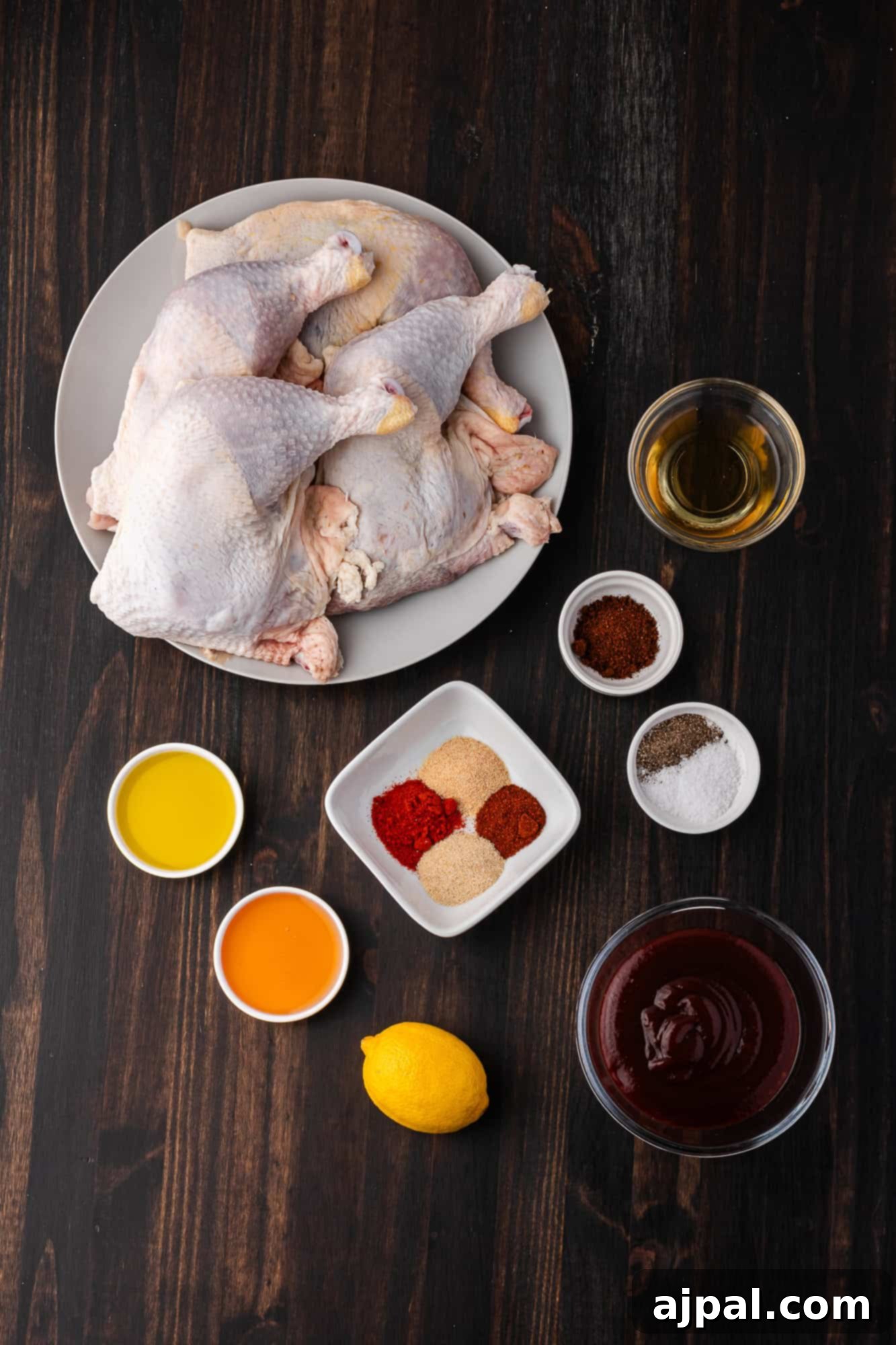 Juicy BBQ Chicken Quarters 5 Succulent chicken quarters rest on a plate, surrounded by a medley of olive oil, spices, salt, and tangy BBQ sauce. A fresh lemon and two small bowls of sauces complete the enticing arrangement on the rich dark wood surface.