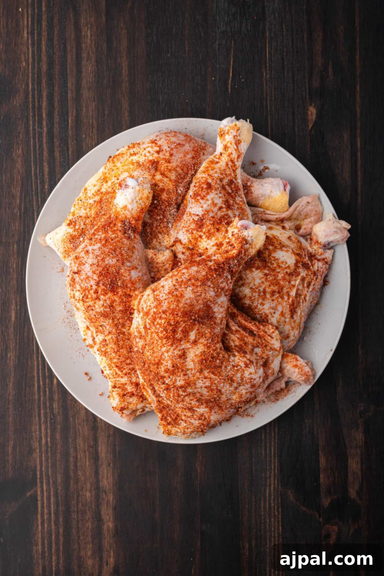 Juicy BBQ Chicken Quarters 7 A plate of raw chicken quarters seasoned with spices, perfect for the BBQ, placed on a dark wooden surface.