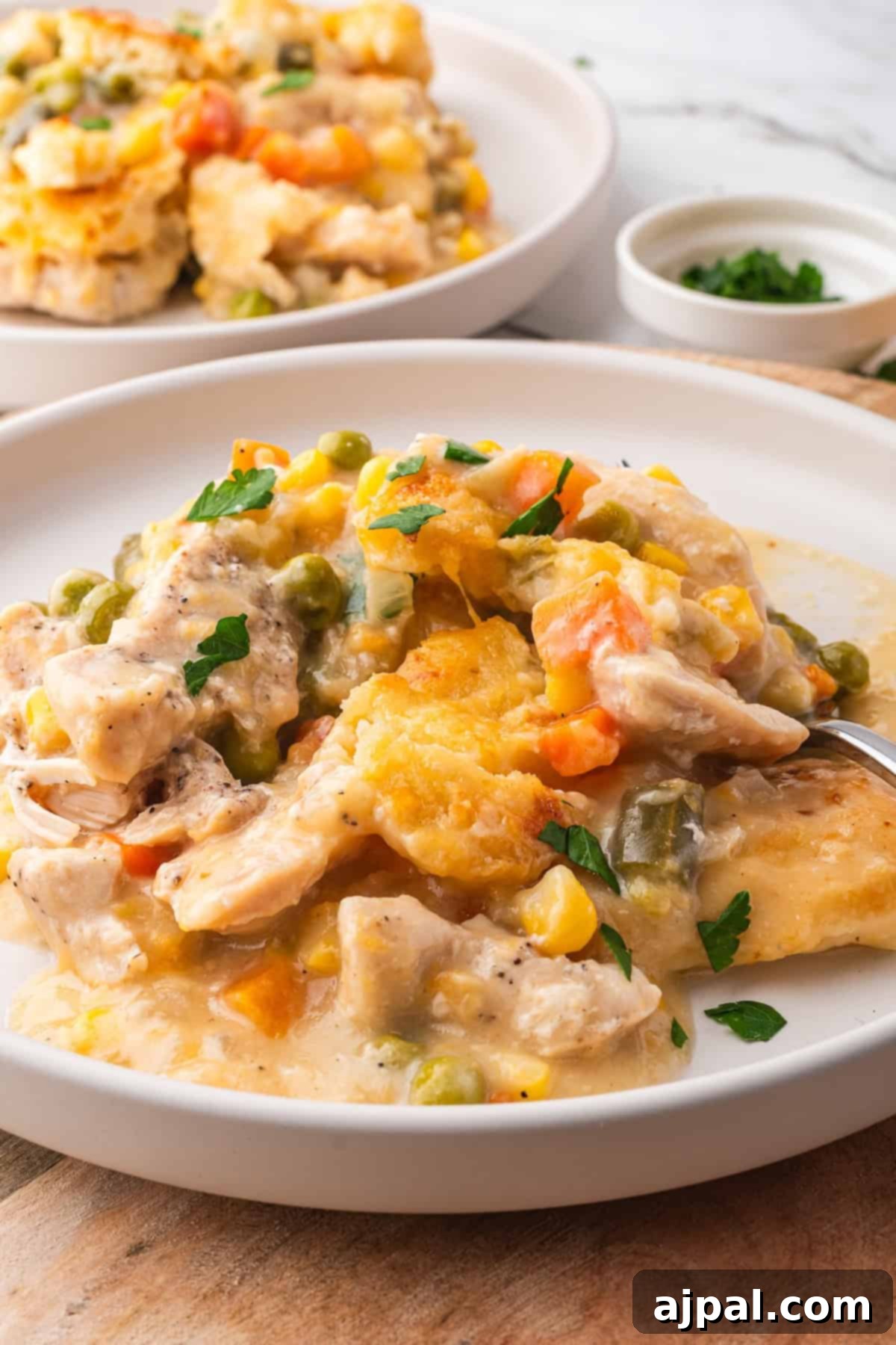 Comforting Chicken and Dumpling Bake 2 A beautifully plated serving of chicken dumpling casserole, featuring a golden biscuit topping, tender chicken, and vibrant vegetables, garnished with fresh parsley. This dish is the epitome of comforting homemade food.