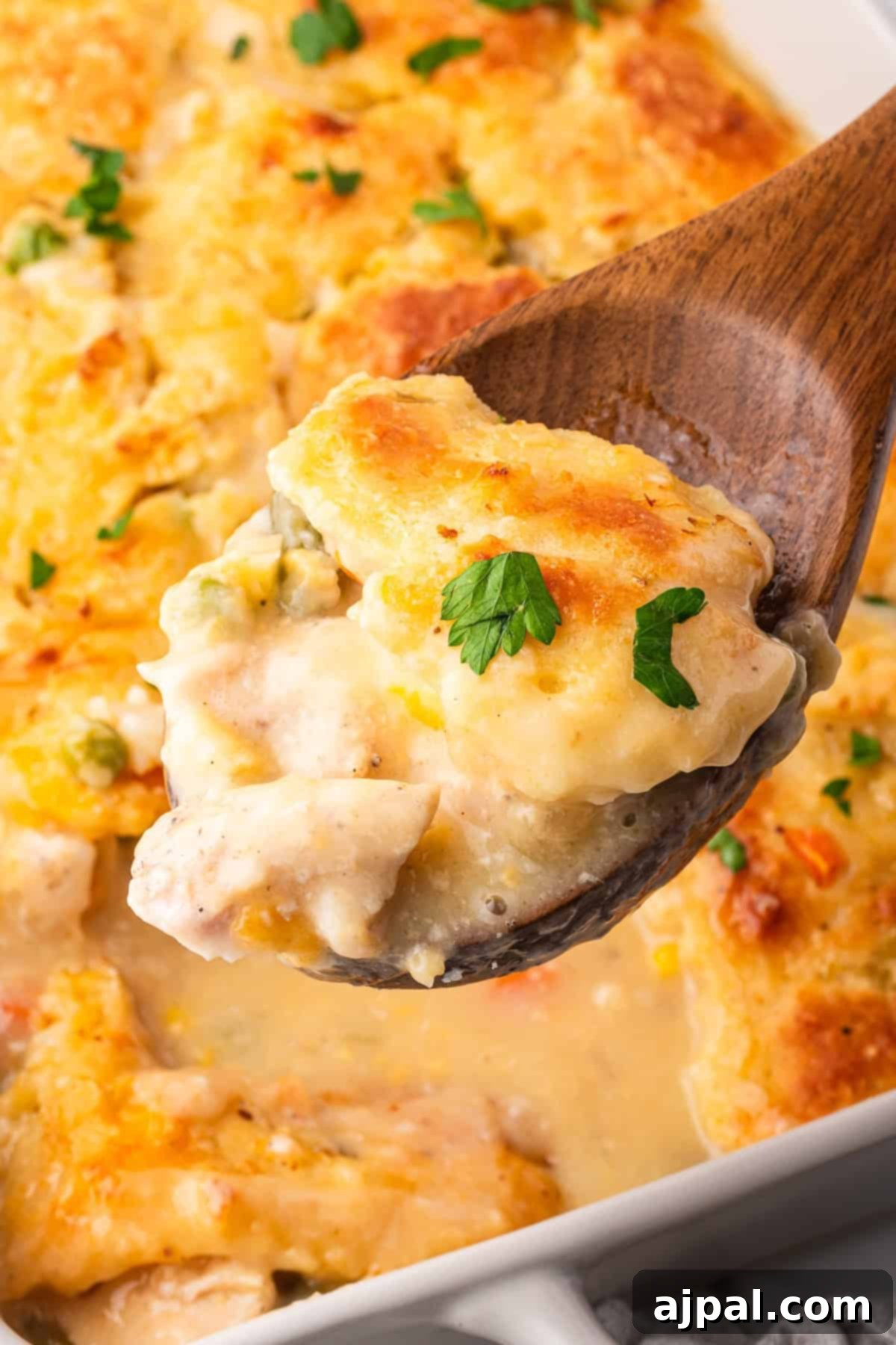 Comforting Chicken and Dumpling Bake 13 A close-up of a wooden spoon lifting a portion of chicken dumpling casserole from a baking dish, topped with a golden crust and garnished with parsley.