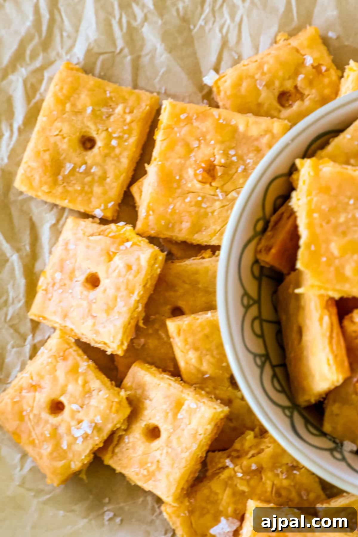 Cheesy Sourdough Discard Crisps 2 Square-shaped cheese crackers topped with coarse salt, some stacked in a bowl and others scattered on parchment paper.