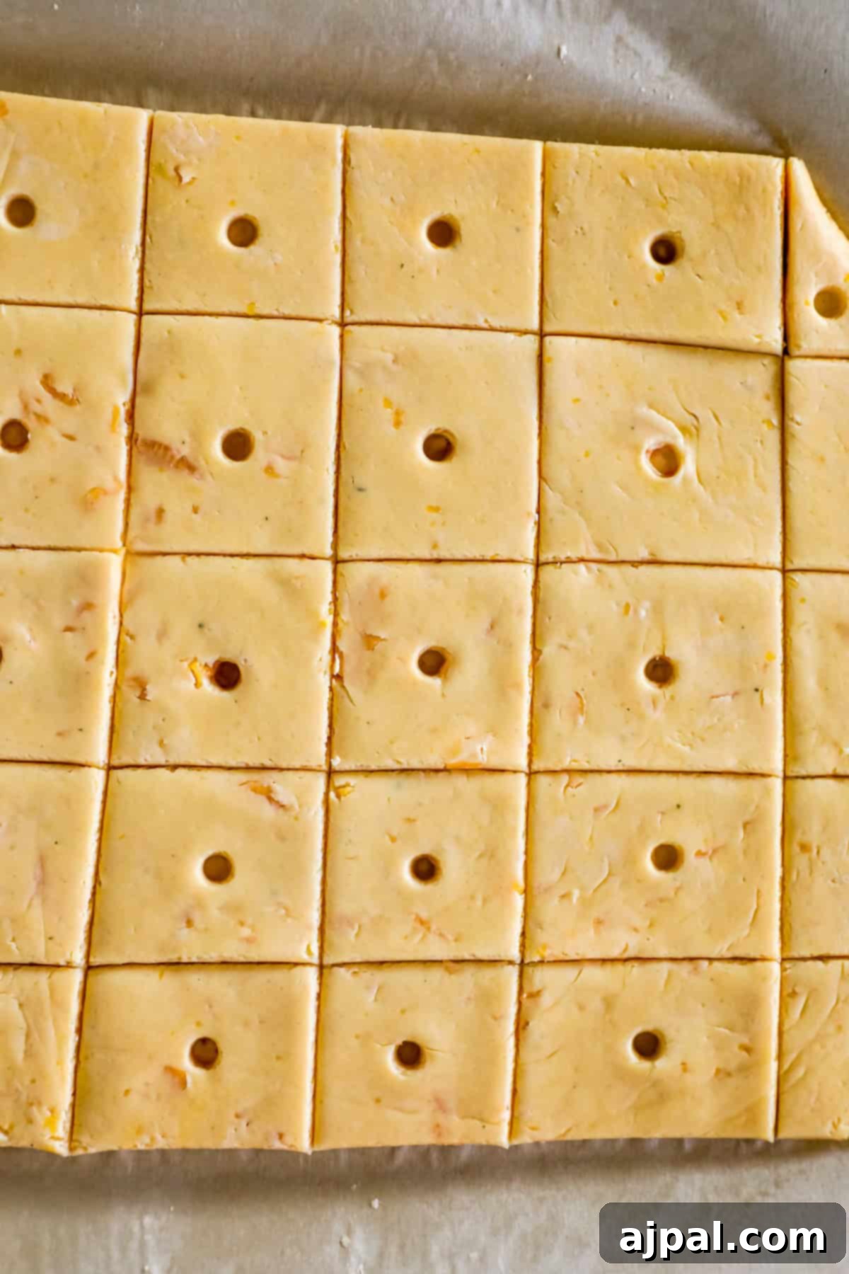 Cheesy Sourdough Discard Crisps 7 Square pieces of cheese crackers with holes in the center, crafted from sourdough discard, are artfully arranged on parchment paper.