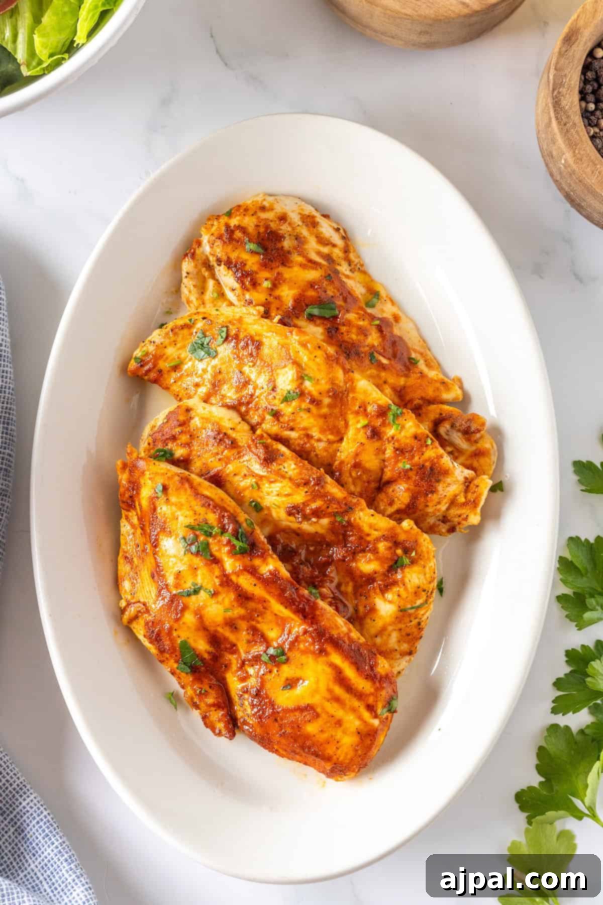 Thin baked chicken breasts seasoned with herbs and spices rest elegantly on a white oval plate, garnished beautifully with fresh parsley.